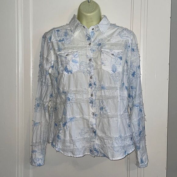 Vtg 90s/Y2K Ariat white torn ribbon snap front shirt with blue floral embroidery - Picture 1 of 9